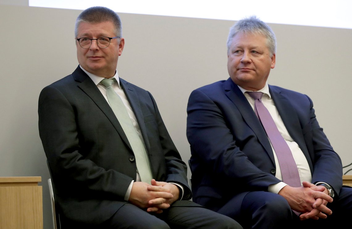 Bruno Kahl, right, head of the German Federal Intelligence Service, and Thomas Haldenwang, left, head of the German Federal Office for the Protection of the Constitution, attend the opening of a center for advanced education at the Federal Intelligence Service (BND) in Berlin, Germany, Tuesday, Nov. 12, 2019. Germany's intelligence agencies are inaugurating a joint spy school in the heart of Berlin, a city that was dubbed the 'capital of spies' during the Cold War and remains a hotspot of espionage.(AP Photo/Michael Sohn) Bruno Kahl, right, head of the German Federal Intelligence Service, and Thomas Haldenwang, left, head of the German Federal Office for the Protection of the Constitution, attend the opening of a center for advanced education at the Federal Intelligence Service (BND) in Berlin, Germany, Tuesday, Nov. 12, 2019. Germany's intelligence agencies are inaugurating a joint spy school in the heart of Berlin, a city that was dubbed the 'capital of spies' during the Cold War and remains a hotspot of espionage.(AP Photo/Michael Sohn)