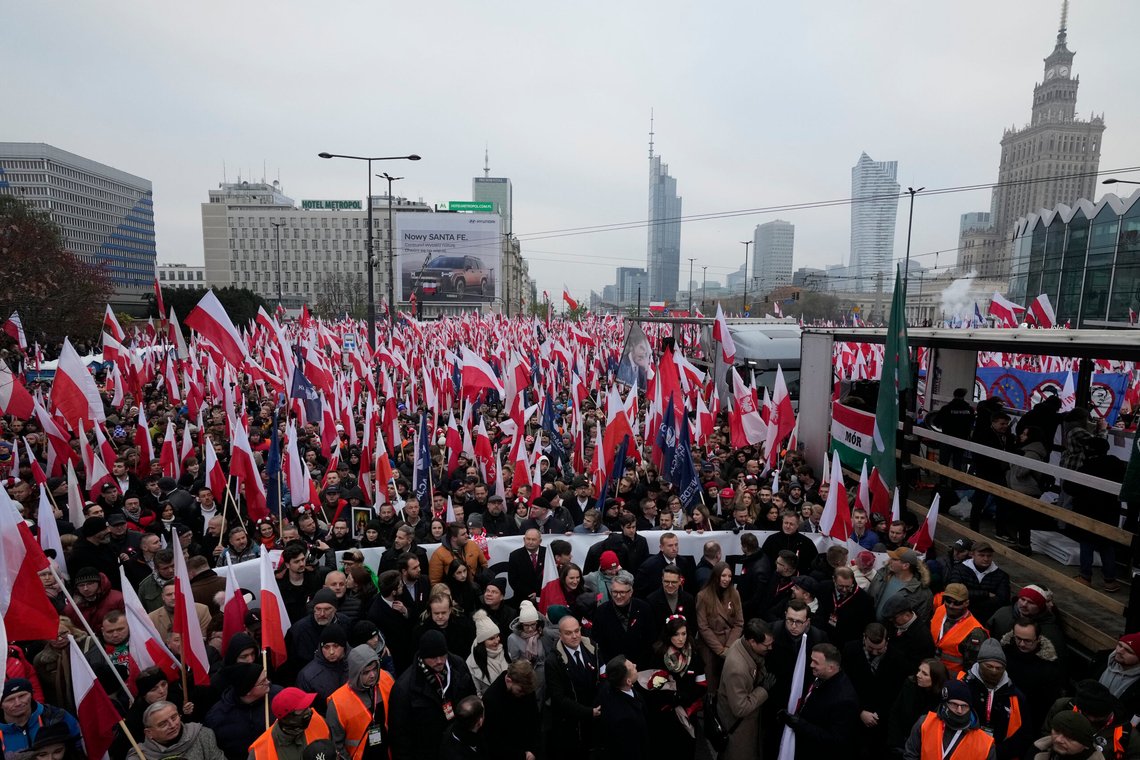 People take part in the Independence Day march organised by far-right groups in Warsaw, Poland, Monday Nov. 11, 2024. (AP Photo/Czarek Sokolowski) People take part in the Independence Day march organised by far-right groups in Warsaw, Poland, Monday Nov. 11, 2024. (AP Photo/Czarek Sokolowski)