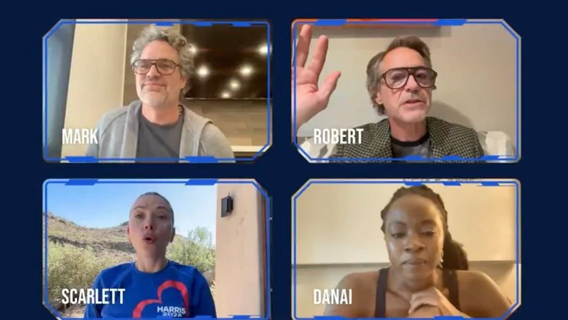 Skjermbilde fra YouTube. Skuespillerne Robert Downey Jr, Chris Evans, Scarlett Johansson, Mark Ruffalo, Danai Gurira, Don Cheadle og Paul Bettany deltok i en video til støtte for Kamala Harris og Tim Walz som ble lagt ut på Ruffalos X-konto torsdag. Skjermbilde fra YouTube. Skuespillerne Robert Downey Jr, Chris Evans, Scarlett Johansson, Mark Ruffalo, Danai Gurira, Don Cheadle og Paul Bettany deltok i en video til støtte for Kamala Harris og Tim Walz som ble lagt ut på Ruffalos X-konto torsdag.