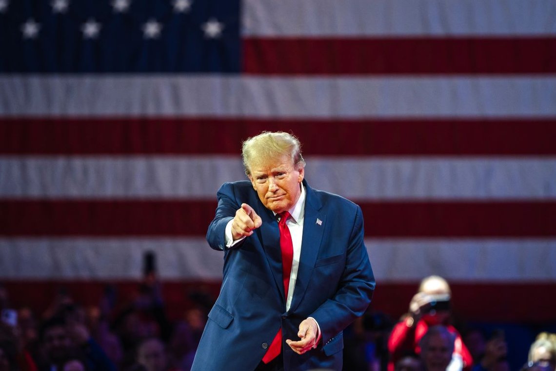 NATIONAL HARBOR, MD, USA- February 24, 2024: Donald Trump speaks at an event about his plan for defeating current President Joe Biden in November. Photo: Shutterstock by Jonah Elkowitz. NATIONAL HARBOR, MD, USA- February 24, 2024: Donald Trump speaks at an event about his plan for defeating current President Joe Biden in November. Photo: Shutterstock by Jonah Elkowitz.
