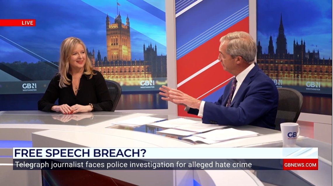 Allison Pearson i samtale med Nigel Farage på GB News. Stillbilde GB News Allison Pearson i samtale med Nigel Farage på GB News. Stillbilde GB News