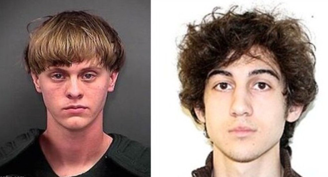Passfoto av Boston Marathon-bombemannen Dzhokhar Tsarnaev frigitt under jakten på ham og broren i 2013. Fengselsbilde av Dylann Roof tatt av Charleston County Sheriff's Office, 18. juni 2015 Passfoto av Boston Marathon-bombemannen Dzhokhar Tsarnaev frigitt under jakten på ham og broren i 2013. Fengselsbilde av Dylann Roof tatt av Charleston County Sheriff's Office, 18. juni 2015