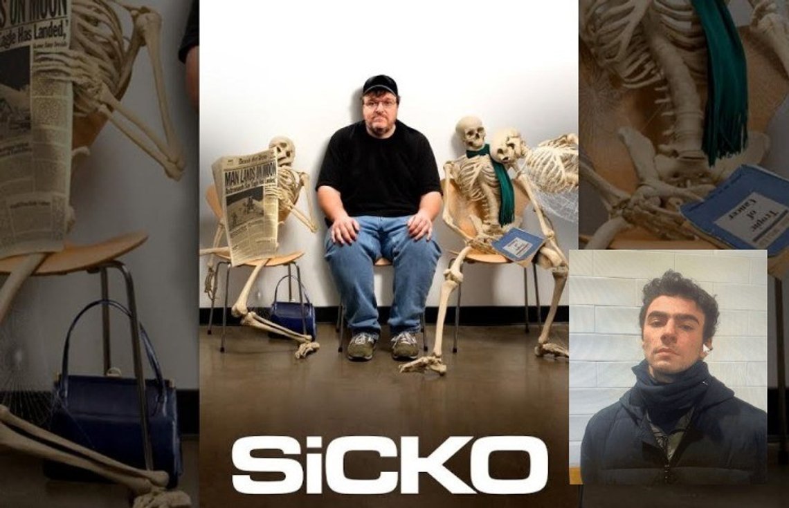 Foto: Skjermbilde fra Michael Moores film "Sicko". Insatt bilde: Arrestasjonsbilde av Luigi Mangione, Altoona politidistrikt. Foto: Skjermbilde fra Michael Moores film "Sicko". Insatt bilde: Arrestasjonsbilde av Luigi Mangione, Altoona politidistrikt.