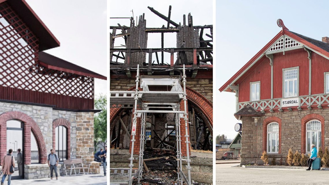 Bilde av gamle Stjørdal stasjon fra 1902 t.h., og forslag til ny, med moderne bygning bygd på restene av den gamle. Foto: Bente Haarstad og Bane Nor/PKA Arkitekter. Bilde av gamle Stjørdal stasjon fra 1902 t.h., og forslag til ny, med moderne bygning bygd på restene av den gamle. Foto: Bente Haarstad og Bane Nor/PKA Arkitekter.