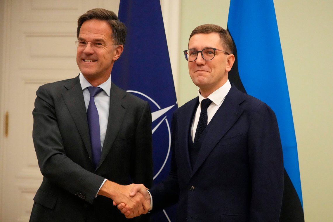 Estonian Prime Minister Kristen Michal, right, and NATO Secretary General Mark Rutte pose for photo at the Stenbock House, during Rutte's two-days visit in Tallinn, Estonia, Tuesday, Oct. 22, 2024. (AP Photo/Sergei Grits) Estonian Prime Minister Kristen Michal, right, and NATO Secretary General Mark Rutte pose for photo at the Stenbock House, during Rutte's two-days visit in Tallinn, Estonia, Tuesday, Oct. 22, 2024. (AP Photo/Sergei Grits)
