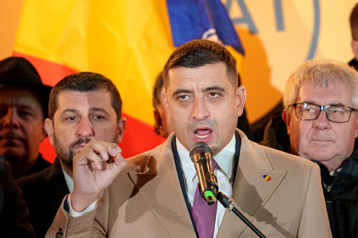 George Simion, leader of the Alliance for the Unity of Romanians (AUR) speaks to media after polls closed during the country's parliamentary elections, in Bucharest, Romania, Sunday, Dec. 1, 2024. (AP Photo/Andreea Alexandru) George Simion, leader of the Alliance for the Unity of Romanians (AUR) speaks to media after polls closed during the country's parliamentary elections, in Bucharest, Romania, Sunday, Dec. 1, 2024. (AP Photo/Andreea Alexandru)