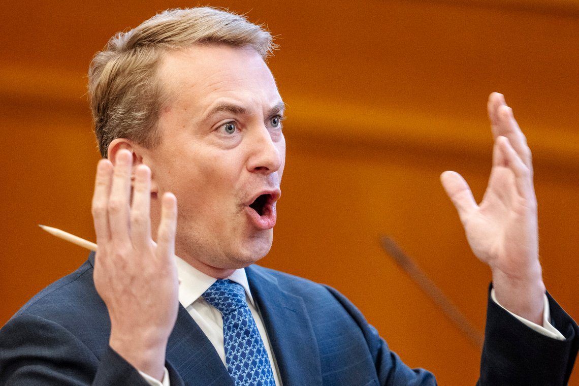 Morten Messerschmidt of The Danish People's Party during the Prime Minister's question time in the Danish Parliament, Folketinget, at Christiansborg Castle in Copenhagen, Denmark, Tuesday, November 5, 2025 Morten Messerschmidt of The Danish People's Party during the Prime Minister's question time in the Danish Parliament, Folketinget, at Christiansborg Castle in Copenhagen, Denmark, Tuesday, November 5, 2025