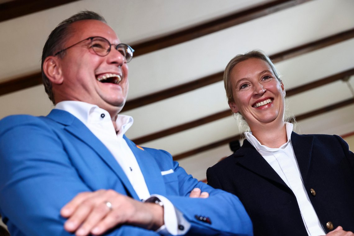 Right-wing Alternative for Germany (AfD) party co-leaders Alice Weidel and Tino Chrupalla react before first exit polls of the Brandenburg state election in Potsdam, Germany, Sept. 22, 2024. (Liesa Johannssen/Pool Photo via AP) Right-wing Alternative for Germany (AfD) party co-leaders Alice Weidel and Tino Chrupalla react before first exit polls of the Brandenburg state election in Potsdam, Germany, Sept. 22, 2024. (Liesa Johannssen/Pool Photo via AP)