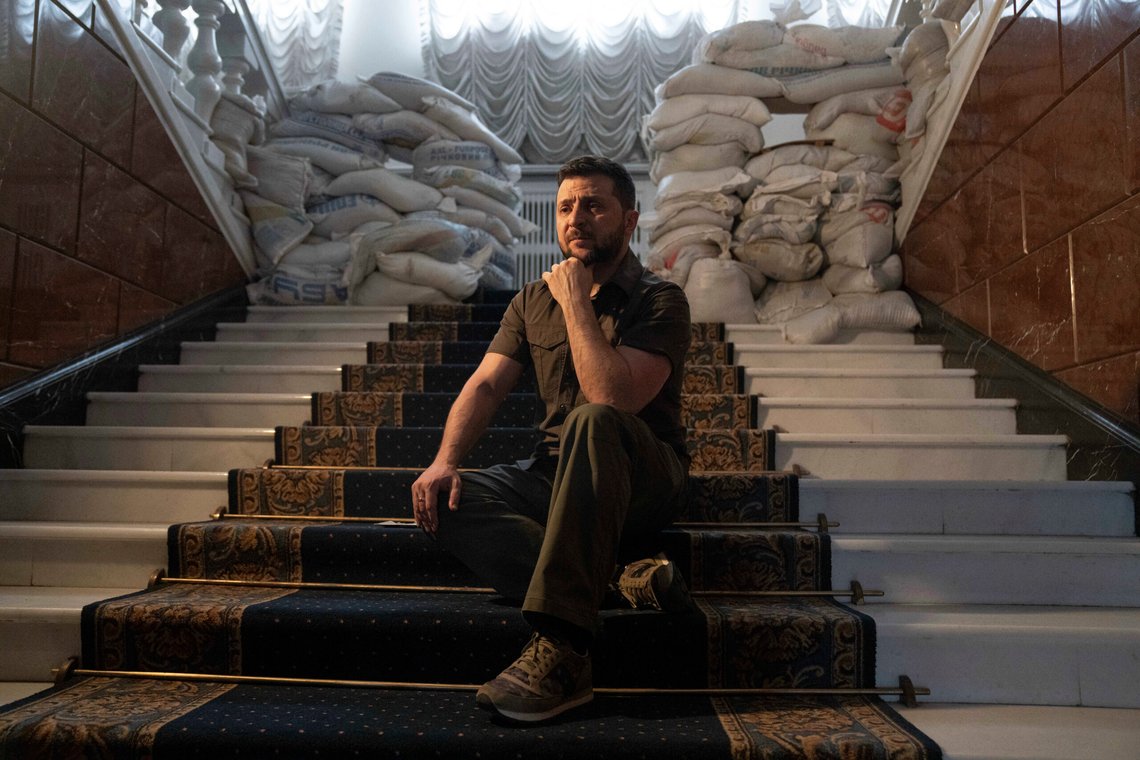 FILE - Ukrainian President Volodymyr Zelenskyy speaks during an interview with The Associated Press in his office in Kyiv, Ukraine, Saturday, April 9, 2022. (AP Photo/Evgeniy Maloletka, File) FILE - Ukrainian President Volodymyr Zelenskyy speaks during an interview with The Associated Press in his office in Kyiv, Ukraine, Saturday, April 9, 2022. (AP Photo/Evgeniy Maloletka, File)