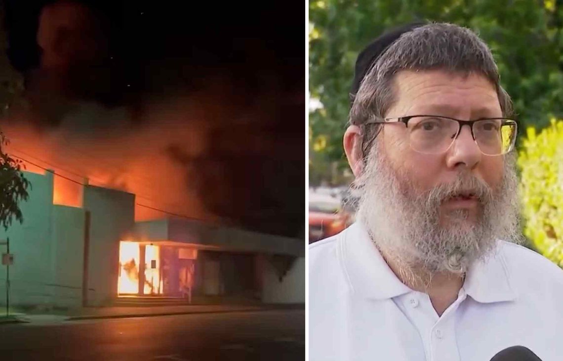 Yumi Friedman var en av de troende som var til stede i synagogen som ble satt i brann (t.v.) i Australia. Her blir han intervjuet av den australske kanalen 9news. Yumi Friedman var en av de troende som var til stede i synagogen som ble satt i brann (t.v.) i Australia. Her blir han intervjuet av den australske kanalen 9news.