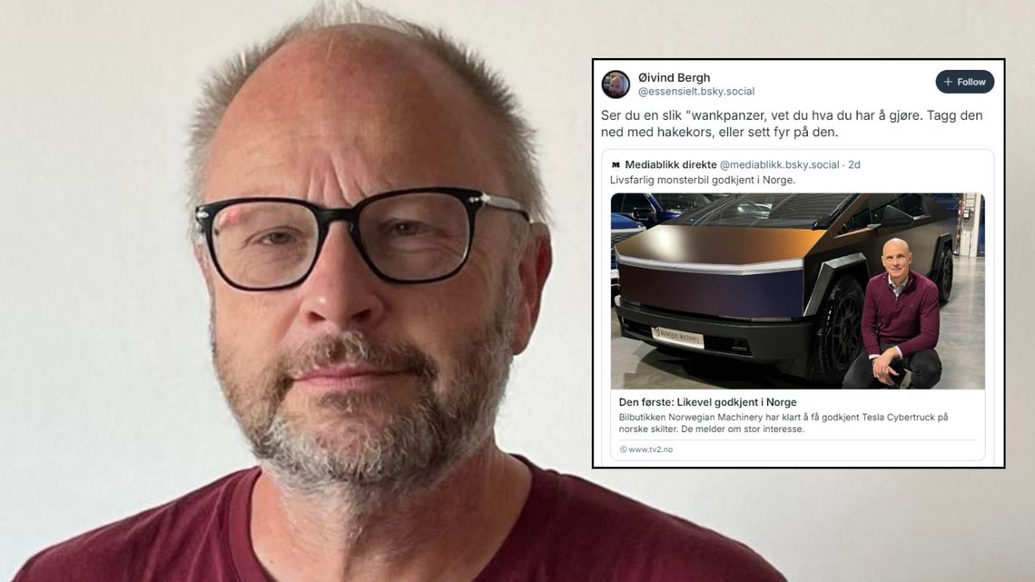 HAKEKORS: Havforsker og styremedlem i Arbeiderpartiets universitetslag, Øivind Bergh, oppfordrer til å tegne hakekors på Tesla Cybertruck eller sette fyr på dem. Foto: LinkedIn/Bluesky HAKEKORS: Havforsker og styremedlem i Arbeiderpartiets universitetslag, Øivind Bergh, oppfordrer til å tegne hakekors på Tesla Cybertruck eller sette fyr på dem. Foto: LinkedIn/Bluesky