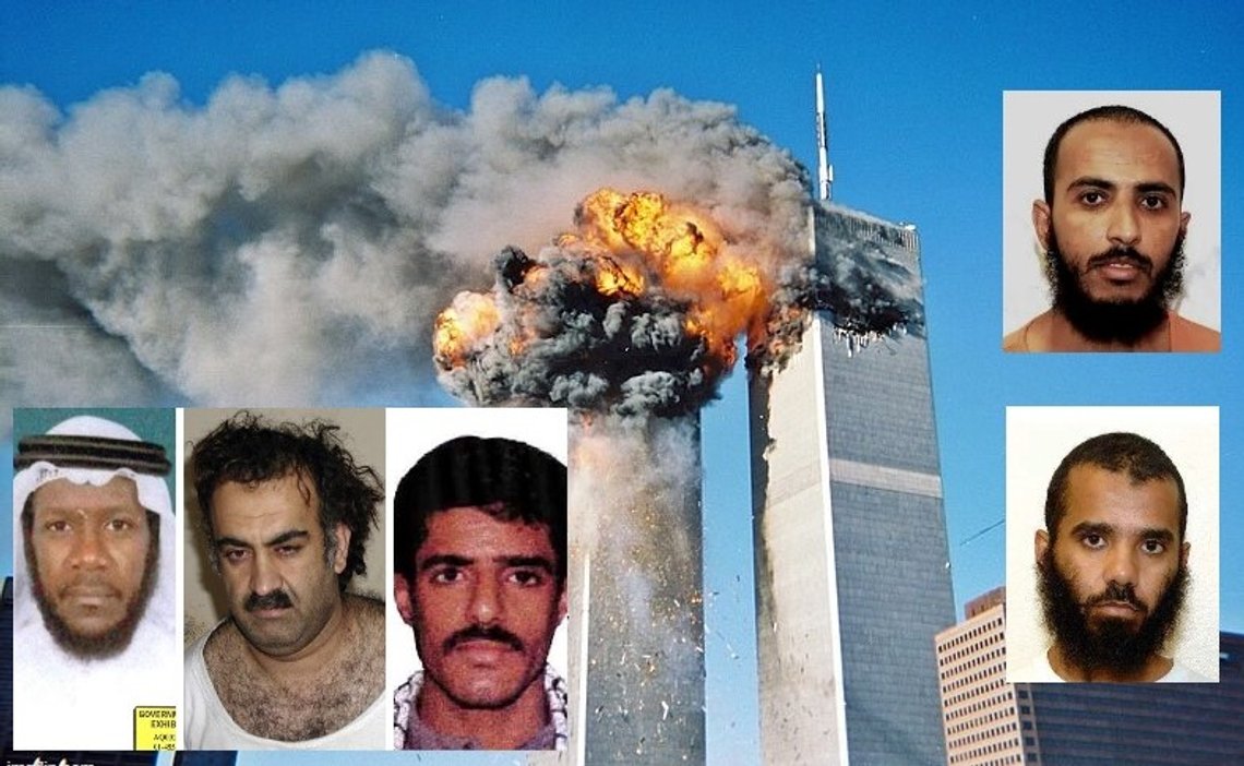 Foto: 9. september 2001. Kilde: Wikimedia Commons. Innsatt bilde til venstre: Terroristene Mustafa al-Hawsawi, Khalid Sheikh Mohammad og Walid bin Attash inngikk hver sin tilståelsesavtale og slipper dødsstraff. Innsatt bilde til høyre: Al-Sharabi og Al-Alwi anklaget for å være Osama bin Ladens livvakt. Kilde: Justisdepartementet. Foto: 9. september 2001. Kilde: Wikimedia Commons. Innsatt bilde til venstre: Terroristene Mustafa al-Hawsawi, Khalid Sheikh Mohammad og Walid bin Attash inngikk hver sin tilståelsesavtale og slipper dødsstraff. Innsatt bilde til høyre: Al-Sharabi og Al-Alwi anklaget for å være Osama bin Ladens livvakt. Kilde: Justisdepartementet.