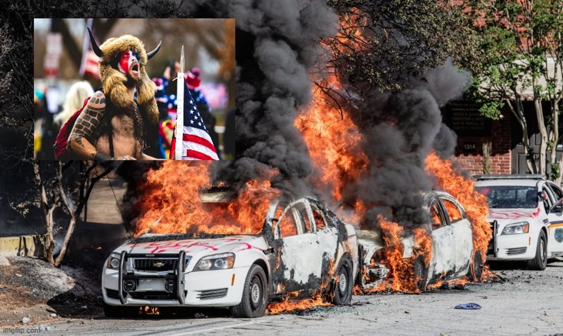Columbia, South Carolina - USA - 30. mai 2020: Biler fra politiet i Columbia antent av demonstranter under George Floyd-opptøyene. Foto: Shutterstock av Crush Rush. Innsatt bilde: Washington, D.C. - USA - 6. januar 2021: Jacob Chansley. Foto: Shutterstock av Johnny Silvercloud. Columbia, South Carolina - USA - 30. mai 2020: Biler fra politiet i Columbia antent av demonstranter under George Floyd-opptøyene. Foto: Shutterstock av Crush Rush. Innsatt bilde: Washington, D.C. - USA - 6. januar 2021: Jacob Chansley. Foto: Shutterstock av Johnny Silvercloud.
