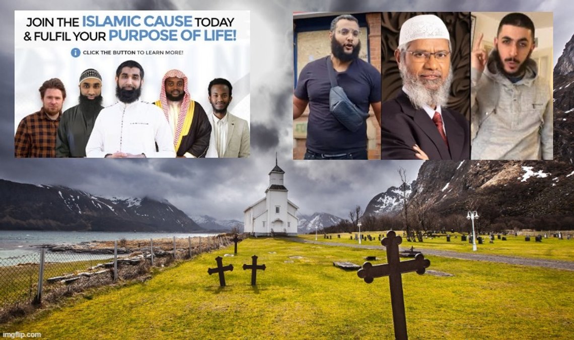 Cemetery on Gimsoy Lofoten island , Norway. Phot: Shuttestock by Krzysztof Stefaniak, Poland. Inserted photos #1: Islam Net Norway leaders. #2 Mohammed Hijab, Zakir Naik and Ali Dawah, radical preachers who support Islam Net, Norway. Cemetery on Gimsoy Lofoten island , Norway. Phot: Shuttestock by Krzysztof Stefaniak, Poland. Inserted photos #1: Islam Net Norway leaders. #2 Mohammed Hijab, Zakir Naik and Ali Dawah, radical preachers who support Islam Net, Norway.
