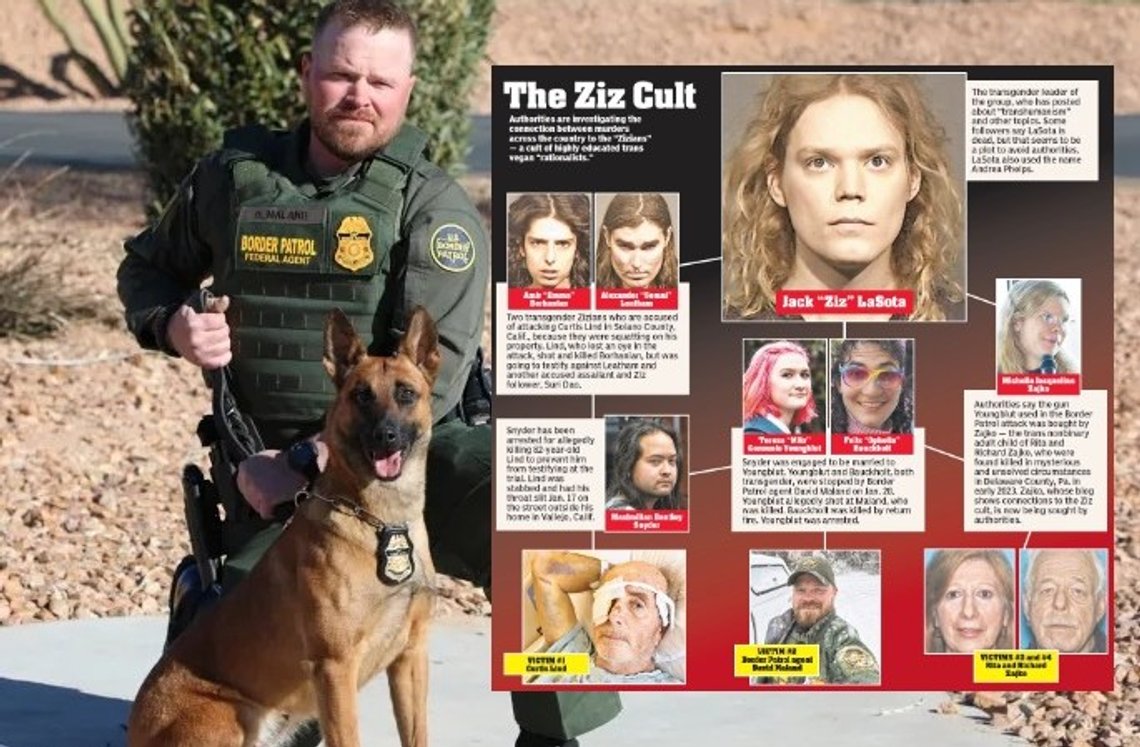 «US Border Patrol Agent» David Maland ble drept i Coventry, Vermont, 20. januar 2025. Kilde: Department of Homeland Security. Insatt bilde: Oversikt over transkulten "The Ziz Cult." Kilde: Kilde New York Post/Andy Ngo, X. «US Border Patrol Agent» David Maland ble drept i Coventry, Vermont, 20. januar 2025. Kilde: Department of Homeland Security. Insatt bilde: Oversikt over transkulten "The Ziz Cult." Kilde: Kilde New York Post/Andy Ngo, X.