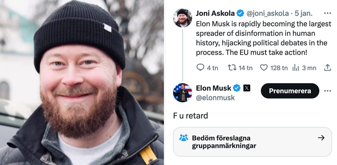 Finske Joni Askola sier at Elon Musk ikke fortjener noe svar på sin kommentar på X. Stillbilde X/ Askola Finske Joni Askola sier at Elon Musk ikke fortjener noe svar på sin kommentar på X. Stillbilde X/ Askola