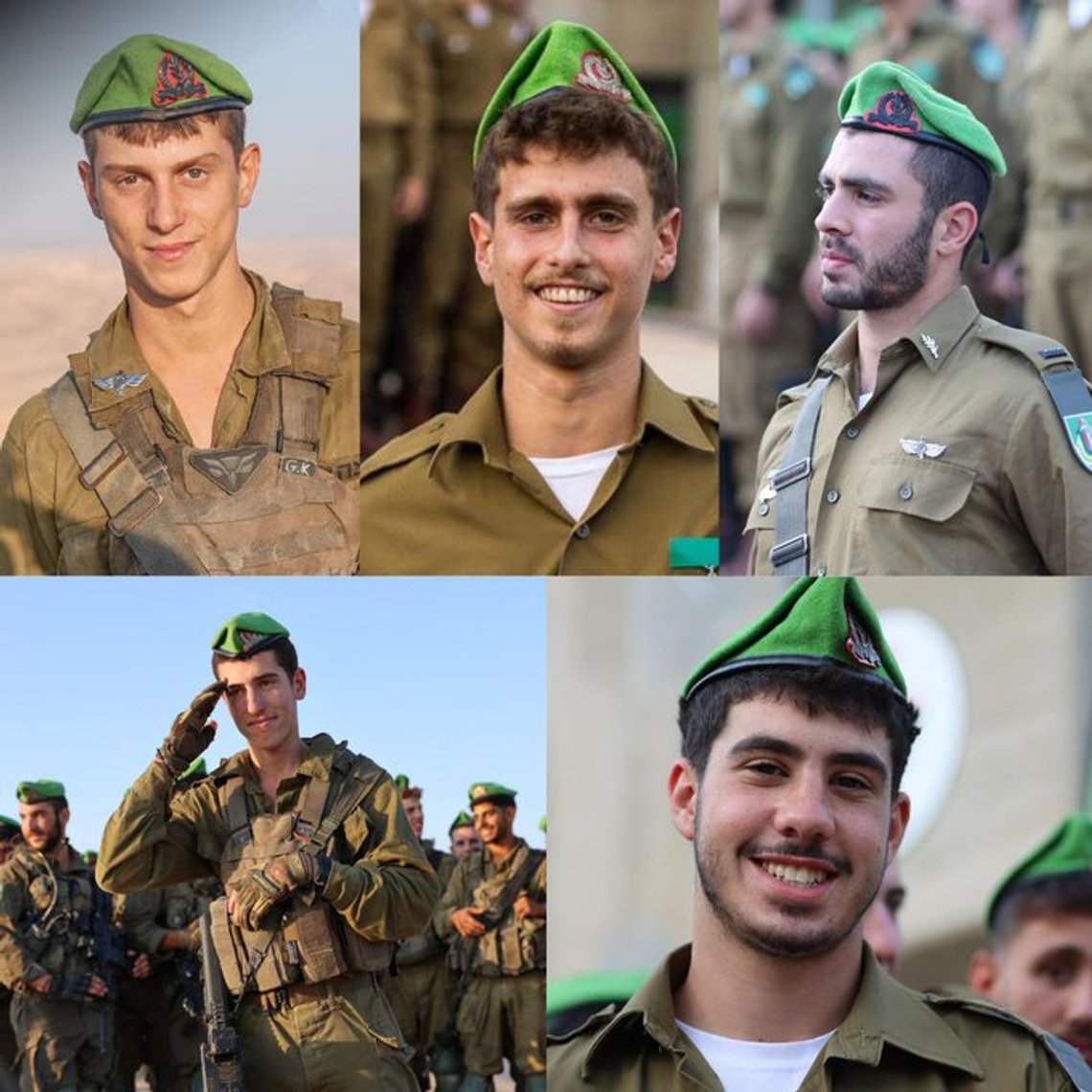 De drepte soldatene er kaptein Yair Yakov Shushan (23) samt sersjantene Yahav Hadar, Guy Karmiel og Aviel Wiseman på 20 år, samt den 19 år gamle sersjanten Yoav Feffer. Foto: X/ Lt. Shoshani De drepte soldatene er kaptein Yair Yakov Shushan (23) samt sersjantene Yahav Hadar, Guy Karmiel og Aviel Wiseman på 20 år, samt den 19 år gamle sersjanten Yoav Feffer. Foto: X/ Lt. Shoshani