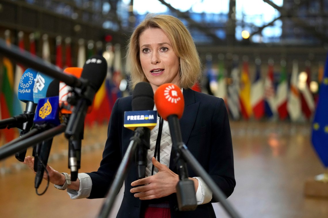 European Union foreign policy chief Kaja Kallas speaks with the media as she arrives for a meeting of EU foreign ministers at the European Council building in Brussels, Monday, Jan. 27, 2025. (AP Photo/Virginia Mayo) European Union foreign policy chief Kaja Kallas speaks with the media as she arrives for a meeting of EU foreign ministers at the European Council building in Brussels, Monday, Jan. 27, 2025. (AP Photo/Virginia Mayo)