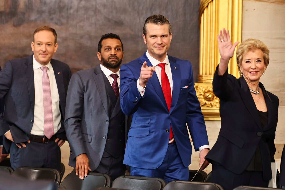 From left, Lee Zeldin, administrator of the Environmental Protection Agency nominee; Kash Patel, FBI director nominee; Pete Hegseth, secretary of defense nominee; and Linda McMahon, education secretary nominee; gesture after the 60th Presidential Inauguration in the Rotunda of the U.S. Capitol in Washington, Monday, Jan. 20, 2025. (Chip Somodevilla/Pool Photo via AP) From left, Lee Zeldin, administrator of the Environmental Protection Agency nominee; Kash Patel, FBI director nominee; Pete Hegseth, secretary of defense nominee; and Linda McMahon, education secretary nominee; gesture after the 60th Presidential Inauguration in the Rotunda of the U.S. Capitol in Washington, Monday, Jan. 20, 2025. (Chip Somodevilla/Pool Photo via AP)