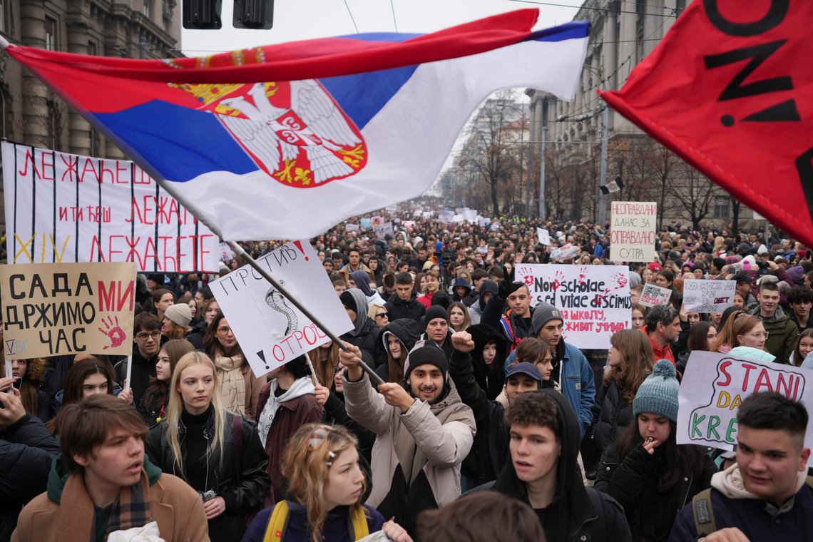 University students joined calls for a general strike after more than two months of protests over the collapse of a concrete canopy that killed 15 people more than two months ago, in Belgrade, Serbia, Friday, Jan. 24, 2025. (AP Photo/Darko Vojinovic) University students joined calls for a general strike after more than two months of protests over the collapse of a concrete canopy that killed 15 people more than two months ago, in Belgrade, Serbia, Friday, Jan. 24, 2025. (AP Photo/Darko Vojinovic)
