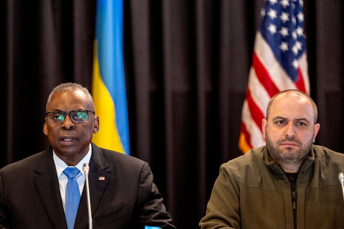 US Defense Secretary Lloyd Austin, left, flanked by Ukrainian Defence Minister Rustem Umerov, speaks at the beginning of the meeting of the 'Ukraine Defense Contact Group' at Ramstein Air Base in Ramstein, Germany, Tuesday, March 19, 2024. Austin vowed Tuesday that the U.S. will continue to support Ukraine's war effort against Russia, even as the U.S. Congress remains stalled over funding to send additional weapons to the front. (AP Photo/Michael Probst) US Defense Secretary Lloyd Austin, left, flanked by Ukrainian Defence Minister Rustem Umerov, speaks at the beginning of the meeting of the 'Ukraine Defense Contact Group' at Ramstein Air Base in Ramstein, Germany, Tuesday, March 19, 2024. Austin vowed Tuesday that the U.S. will continue to support Ukraine's war effort against Russia, even as the U.S. Congress remains stalled over funding to send additional weapons to the front. (AP Photo/Michael Probst)