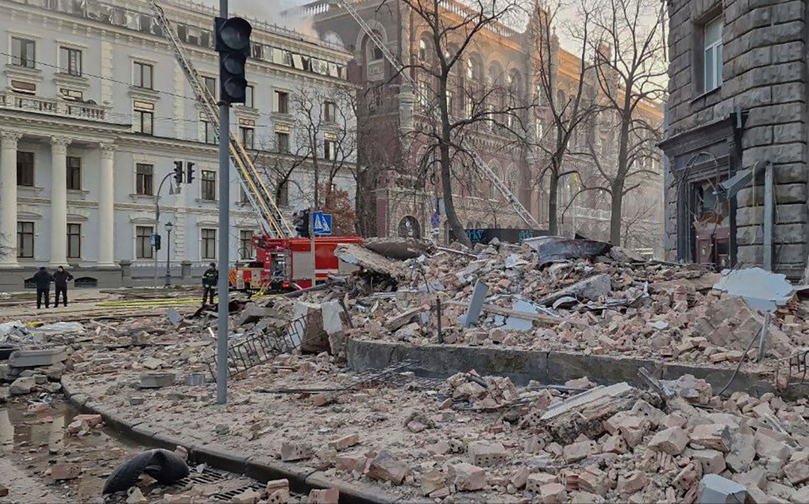 A view of debris on a street from nearby buildings, hundreds of meters from Ukraine's Presidential Office after a Russian drone attack in Kyiv, Ukraine, Wednesday, Jan. 1 2025. (AP Photo/Oksana Johannesson) A view of debris on a street from nearby buildings, hundreds of meters from Ukraine's Presidential Office after a Russian drone attack in Kyiv, Ukraine, Wednesday, Jan. 1 2025. (AP Photo/Oksana Johannesson)