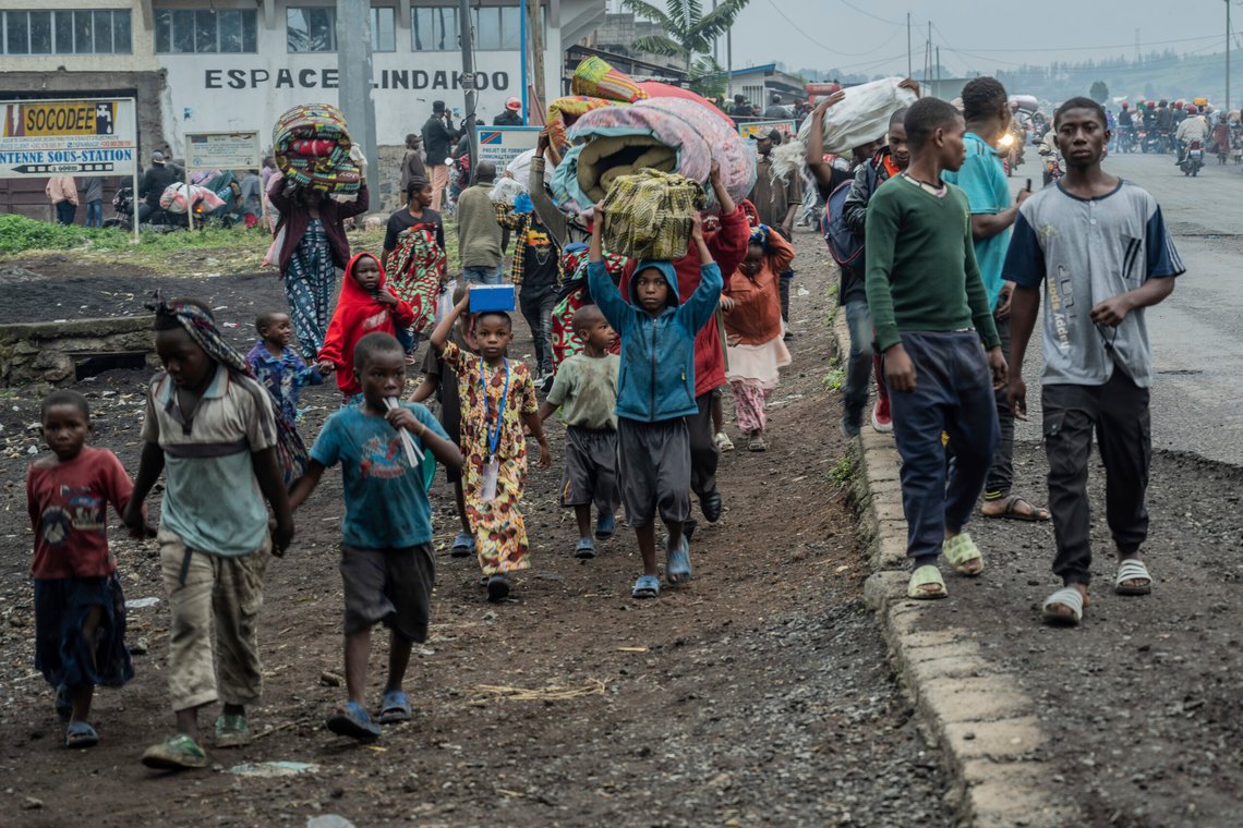 People displaced by the fighting with M23 rebels make their way to the center of Goma, Democratic Republic of the Congo, Sunday, Jan. 26, 2025. (AP Photo/Moses Sawasawa) People displaced by the fighting with M23 rebels make their way to the center of Goma, Democratic Republic of the Congo, Sunday, Jan. 26, 2025. (AP Photo/Moses Sawasawa)