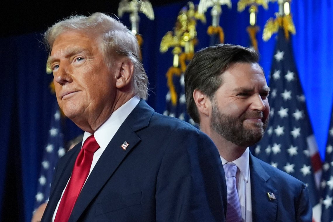 FILE - Republican presidential nominee former President Donald Trump, left, with Republican vice presidential nominee Sen. JD Vance, R-Ohio, right, are pictured at an election night watch party, Nov. 6, 2024, in West Palm Beach, Fla. (AP Photo/Evan Vucci, File) FILE - Republican presidential nominee former President Donald Trump, left, with Republican vice presidential nominee Sen. JD Vance, R-Ohio, right, are pictured at an election night watch party, Nov. 6, 2024, in West Palm Beach, Fla. (AP Photo/Evan Vucci, File)