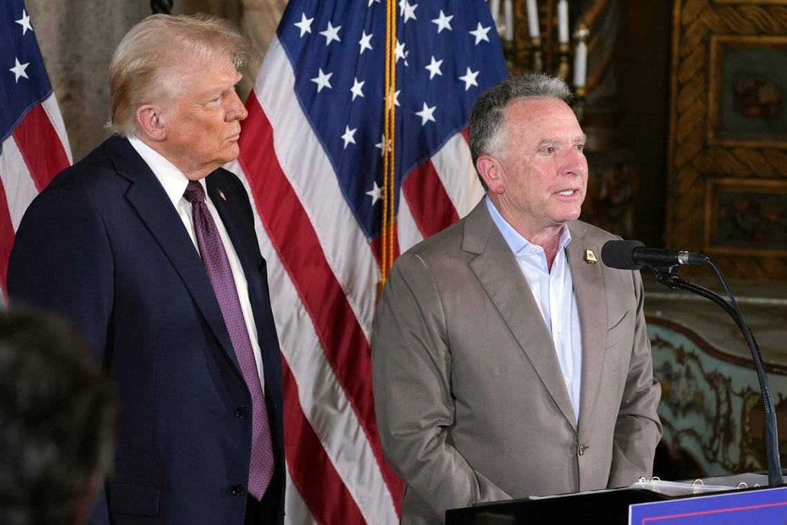 President-elect Donald Trump listens as Steve Witkoff speaks during a news conference at Mar-a-Lago, Tuesday, Jan. 7, 2024, in Palm Beach, Fla. (AP Photo/Evan Vucci) President-elect Donald Trump listens as Steve Witkoff speaks during a news conference at Mar-a-Lago, Tuesday, Jan. 7, 2024, in Palm Beach, Fla. (AP Photo/Evan Vucci)