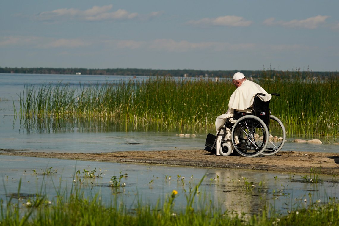 FILE - Pope Francis visits the Lac Ste. Anne pilgrimage site in Alberta, Canada, July 26, 2022. (AP Photo/Eric Gay, File) FILE - Pope Francis visits the Lac Ste. Anne pilgrimage site in Alberta, Canada, July 26, 2022. (AP Photo/Eric Gay, File)