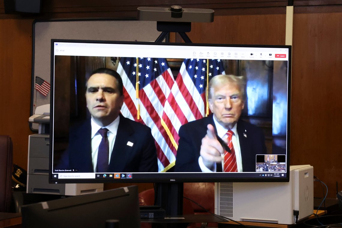 U.S. President-elect Donald Trump appears remotely for a sentencing hearing in front of New York State Judge Juan Merchan in the criminal case in which he was convicted in 2024 on charges involving hush money paid to a porn star, at New York Criminal Court in Manhattan in New York, Jan. 10, 2025. (Brendan McDermid via AP, Pool) U.S. President-elect Donald Trump appears remotely for a sentencing hearing in front of New York State Judge Juan Merchan in the criminal case in which he was convicted in 2024 on charges involving hush money paid to a porn star, at New York Criminal Court in Manhattan in New York, Jan. 10, 2025. (Brendan McDermid via AP, Pool)