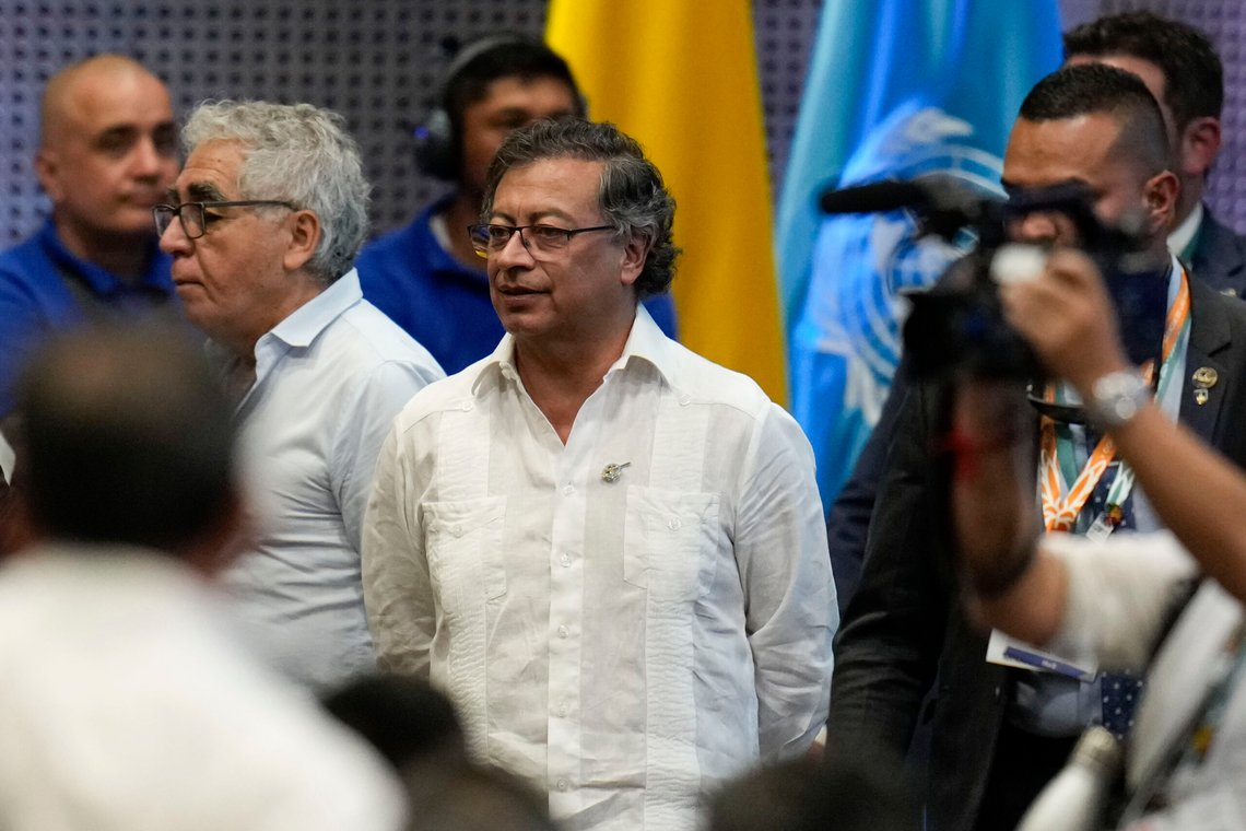 FILE - Colombia's President Gustavo Petro arrives at the opening ceremony of COP16, a United Nations' biodiversity conference, in Cali, Colombia, Oct. 20, 2024. (AP Photo/Fernando Vergara, file) FILE - Colombia's President Gustavo Petro arrives at the opening ceremony of COP16, a United Nations' biodiversity conference, in Cali, Colombia, Oct. 20, 2024. (AP Photo/Fernando Vergara, file)