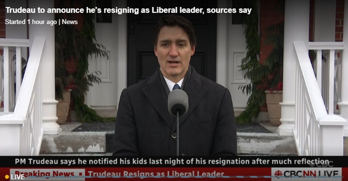 Justin Trudeau meldte i dag sin avgang som statsminister av Canada. Stillbilde CBC News Justin Trudeau meldte i dag sin avgang som statsminister av Canada. Stillbilde CBC News