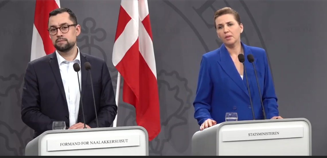 Statsministrene fra Danmark og Grønland innkalte i dag til pressekonferanse om situasjonen rundt Grønland. Stillbilde video/ Berlingske Statsministrene fra Danmark og Grønland innkalte i dag til pressekonferanse om situasjonen rundt Grønland. Stillbilde video/ Berlingske