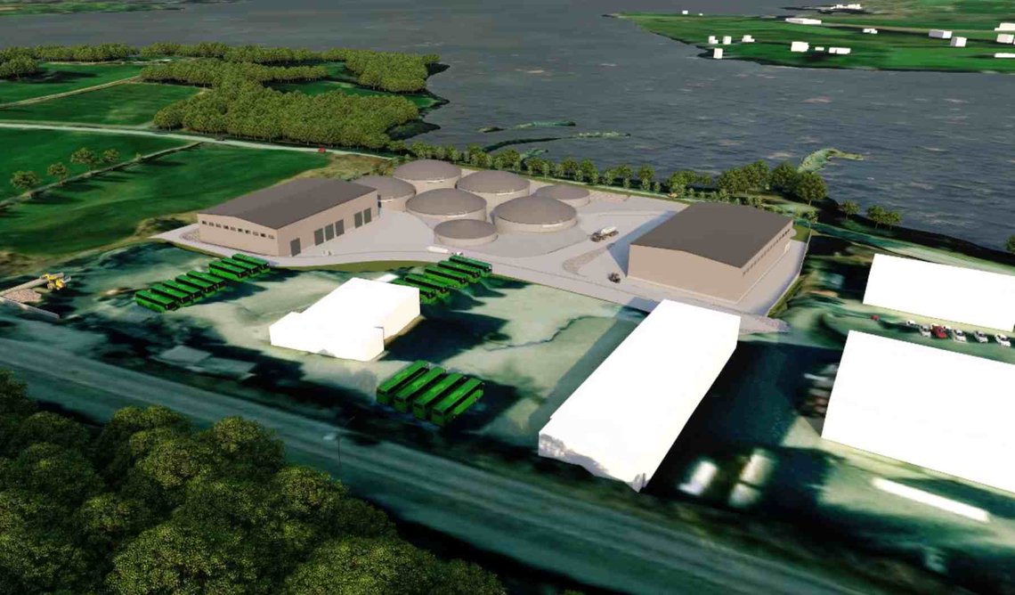 Biogassfabrikken som planlegges på Mosterøy utenfor Stavanger. Bygningene skal være 12 meter høye, med inntil 17 meter høye tanker. (Illustrasjon: Biogy Solutions AS.) Biogassfabrikken som planlegges på Mosterøy utenfor Stavanger. Bygningene skal være 12 meter høye, med inntil 17 meter høye tanker. (Illustrasjon: Biogy Solutions AS.)