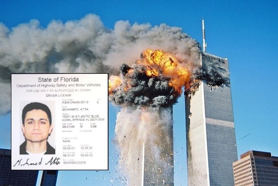 Foto: September 11, 2001. Wikimedia Commons. Innsatt bilde: Mohamed Attas førerkort fra Florida, 2. mai 2000. FDLE. Foto: September 11, 2001. Wikimedia Commons. Innsatt bilde: Mohamed Attas førerkort fra Florida, 2. mai 2000. FDLE.