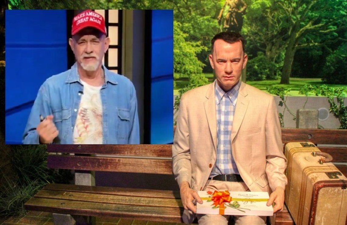 Forrest Gump (Tom Hanks) voksfigurer i Madame Tussauds museum i Berlin, Tyskland - 20.04.2019. Foto: Shutterstock by Massimo Todaro, Italia. Innsatt bilde: Skjermbilde fra X, Tom Hanks spiller rasist Trump-supporter, Saturday Night Live, november. 15, 2025. Forrest Gump (Tom Hanks) voksfigurer i Madame Tussauds museum i Berlin, Tyskland - 20.04.2019. Foto: Shutterstock by Massimo Todaro, Italia. Innsatt bilde: Skjermbilde fra X, Tom Hanks spiller rasist Trump-supporter, Saturday Night Live, november. 15, 2025.