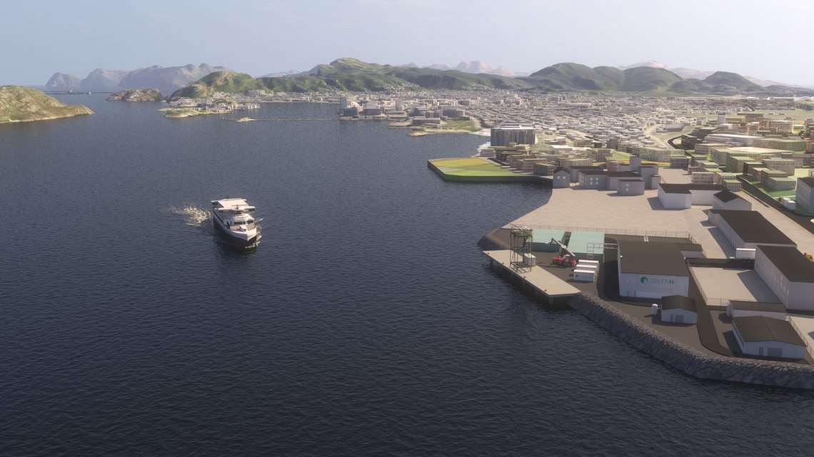 En visjon som sliter med å bli virkelighet: En påtenkt hydrogenferge utenfor et påtenkt hydrogenanlegg i Bodø. Illustrasjon: GreenH. En visjon som sliter med å bli virkelighet: En påtenkt hydrogenferge utenfor et påtenkt hydrogenanlegg i Bodø. Illustrasjon: GreenH.