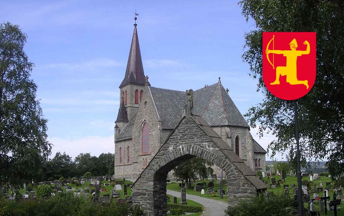 Melhus kirke ved Storsand, også kjent som Gauldalskatedralen, ble ferdigstilt i 1892. Innfelt: Kommunevåpenet. (Foto: Melhus kirke/Melhus kommune) Melhus kirke ved Storsand, også kjent som Gauldalskatedralen, ble ferdigstilt i 1892. Innfelt: Kommunevåpenet. (Foto: Melhus kirke/Melhus kommune)