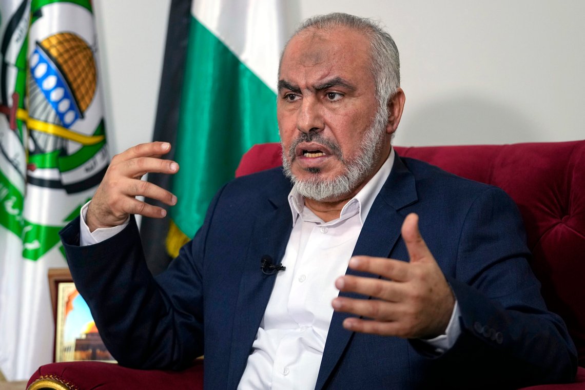 Ghazi Hamad, a member of Hamas' decision-making political bureau, speaks during an interview with The Associated Press in Beirut, Lebanon, Thursday, Oct. 26, 2023. Hamad said that the Palestinian militant group had expected stronger intervention from Hezbollah in its war with Israel, in a rare public appeal to its allies in the region. (AP Photo/Bilal Hussein) Ghazi Hamad, a member of Hamas' decision-making political bureau, speaks during an interview with The Associated Press in Beirut, Lebanon, Thursday, Oct. 26, 2023. Hamad said that the Palestinian militant group had expected stronger intervention from Hezbollah in its war with Israel, in a rare public appeal to its allies in the region. (AP Photo/Bilal Hussein)