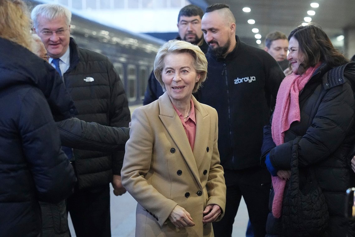 European Commission President Ursula von der Leyen, center, arrives at a train station on the third anniversary of the Russian invasion of Ukraine, Kyiv, Ukraine, Monday, Feb. 24, 2025. (AP Photo/Efrem Lukatsky) European Commission President Ursula von der Leyen, center, arrives at a train station on the third anniversary of the Russian invasion of Ukraine, Kyiv, Ukraine, Monday, Feb. 24, 2025. (AP Photo/Efrem Lukatsky)