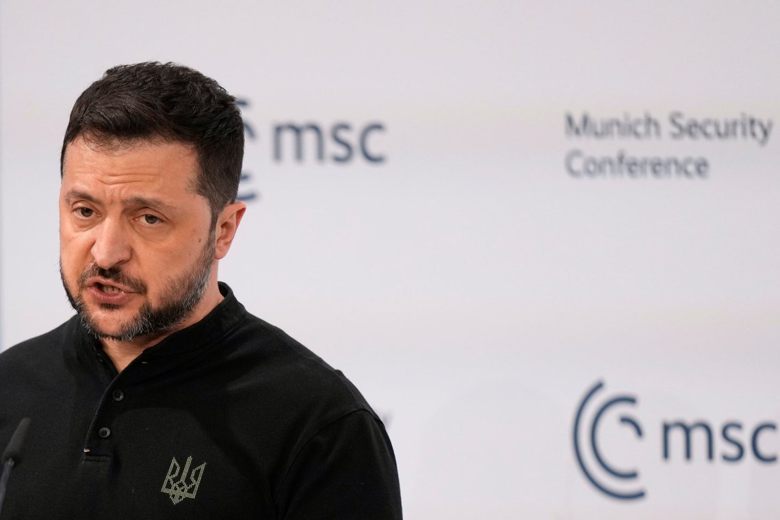Ukraine's President Volodymyr Zelenskyy speaks during the Munich Security Conference at the Bayerischer Hof Hotel in Munich, Germany, Saturday, Feb. 15, 2025. (AP Photo/Matthias Schrader) Ukraine's President Volodymyr Zelenskyy speaks during the Munich Security Conference at the Bayerischer Hof Hotel in Munich, Germany, Saturday, Feb. 15, 2025. (AP Photo/Matthias Schrader)