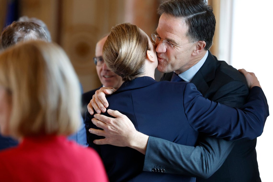 NATO Secretary General Mark Rutte, right, greets Denmark's Prime Minister Mette Frederiksen during an EU summit at the Egmont Palace in Brussels, Monday, Feb. 3, 2025. (AP Photo/Geert Vanden Wijngaert, Pool) NATO Secretary General Mark Rutte, right, greets Denmark's Prime Minister Mette Frederiksen during an EU summit at the Egmont Palace in Brussels, Monday, Feb. 3, 2025. (AP Photo/Geert Vanden Wijngaert, Pool)