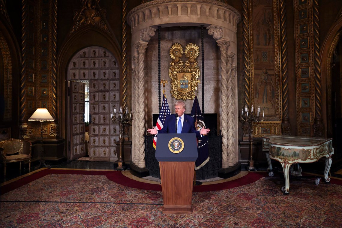 President Donald Trump speaks at Mar-a-Lago in Palm Beach, Fla., Tuesday, Feb. 18, 2025. (Pool via AP) President Donald Trump speaks at Mar-a-Lago in Palm Beach, Fla., Tuesday, Feb. 18, 2025. (Pool via AP)