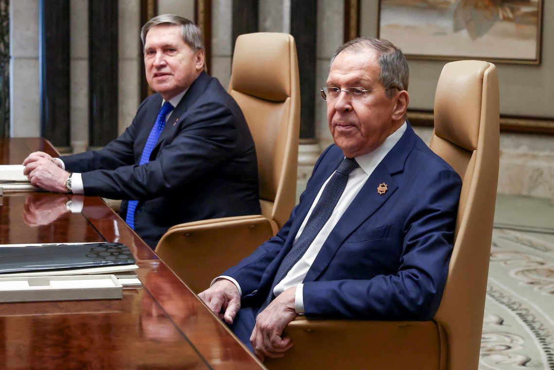 Russian Foreign Minister Sergei Lavrov, right, sits next to Russian President Vladimir Putin's foreign policy advisor Yuri Ushakov during a meeting with U.S. Secretary of State Marco Rubio, U.S. National Security Advisor Mike Waltz and U.S. Middle East envoy Steve Witkoff, Saudi Foreign Minister Prince Faisal bin Farhan Al Saud and Saudi National Security Advisor Mosaad bin Mohammad Al-Aiban, at Diriyah Palace, in Riyadh, Saudi Arabia, Tuesday, Feb. 18, 2025. (Evelyn Hockstein/Pool Photo via AP) Russian Foreign Minister Sergei Lavrov, right, sits next to Russian President Vladimir Putin's foreign policy advisor Yuri Ushakov during a meeting with U.S. Secretary of State Marco Rubio, U.S. National Security Advisor Mike Waltz and U.S. Middle East envoy Steve Witkoff, Saudi Foreign Minister Prince Faisal bin Farhan Al Saud and Saudi National Security Advisor Mosaad bin Mohammad Al-Aiban, at Diriyah Palace, in Riyadh, Saudi Arabia, Tuesday, Feb. 18, 2025. (Evelyn Hockstein/Pool Photo via AP)