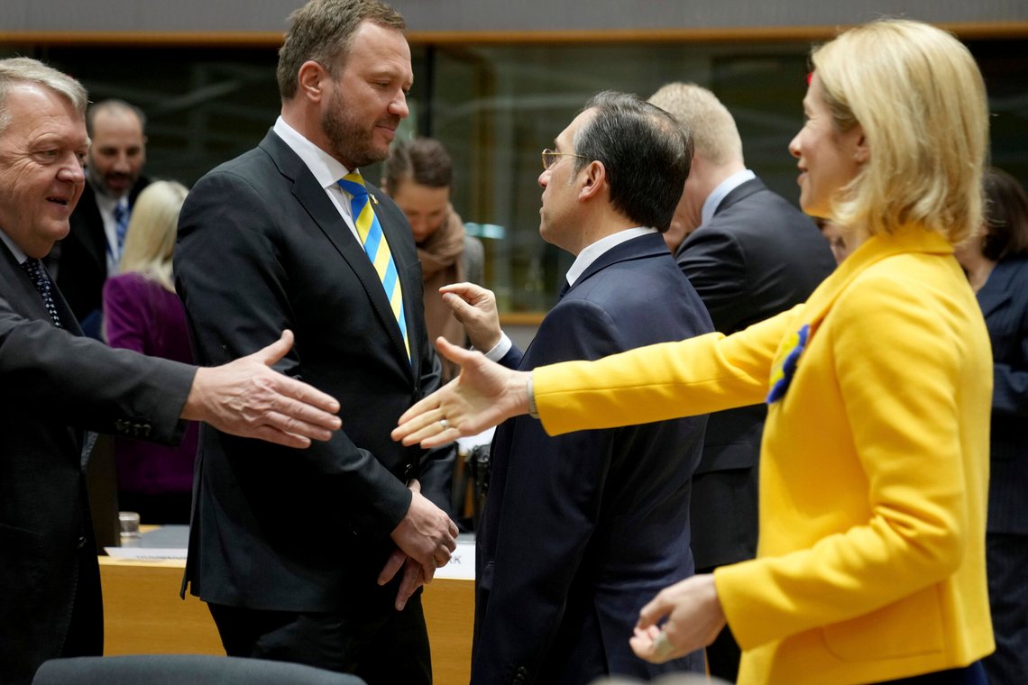 European Union foreign policy chief Kaja Kallas, right, reaches out to greet Denmark's Foreign Minister Lars Lokke Rasmussen, left, during a meeting of EU foreign ministers at the European Council building in Brussels, Monday, Feb. 24, 2025. (AP Photo/Virginia Mayo) European Union foreign policy chief Kaja Kallas, right, reaches out to greet Denmark's Foreign Minister Lars Lokke Rasmussen, left, during a meeting of EU foreign ministers at the European Council building in Brussels, Monday, Feb. 24, 2025. (AP Photo/Virginia Mayo)