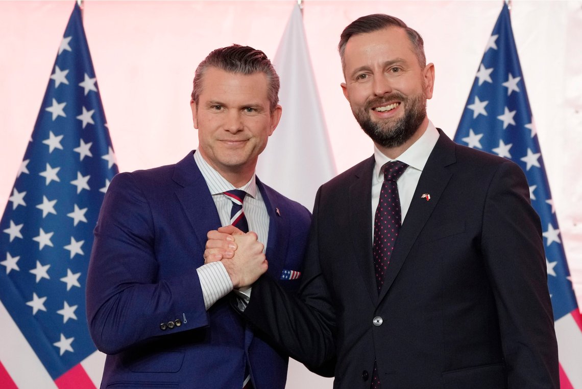 US Defence Secretary Pete Hegseth , left, and Poland's Defence Minister Wladyslaw Kosiniak-Kamysz, right, shake hands at a join press conference at the Ministry of Defence headquarters in Friday, Feb. 14, 2025. (AP Photo/Czarek Sokolowski) US Defence Secretary Pete Hegseth , left, and Poland's Defence Minister Wladyslaw Kosiniak-Kamysz, right, shake hands at a join press conference at the Ministry of Defence headquarters in Friday, Feb. 14, 2025. (AP Photo/Czarek Sokolowski)