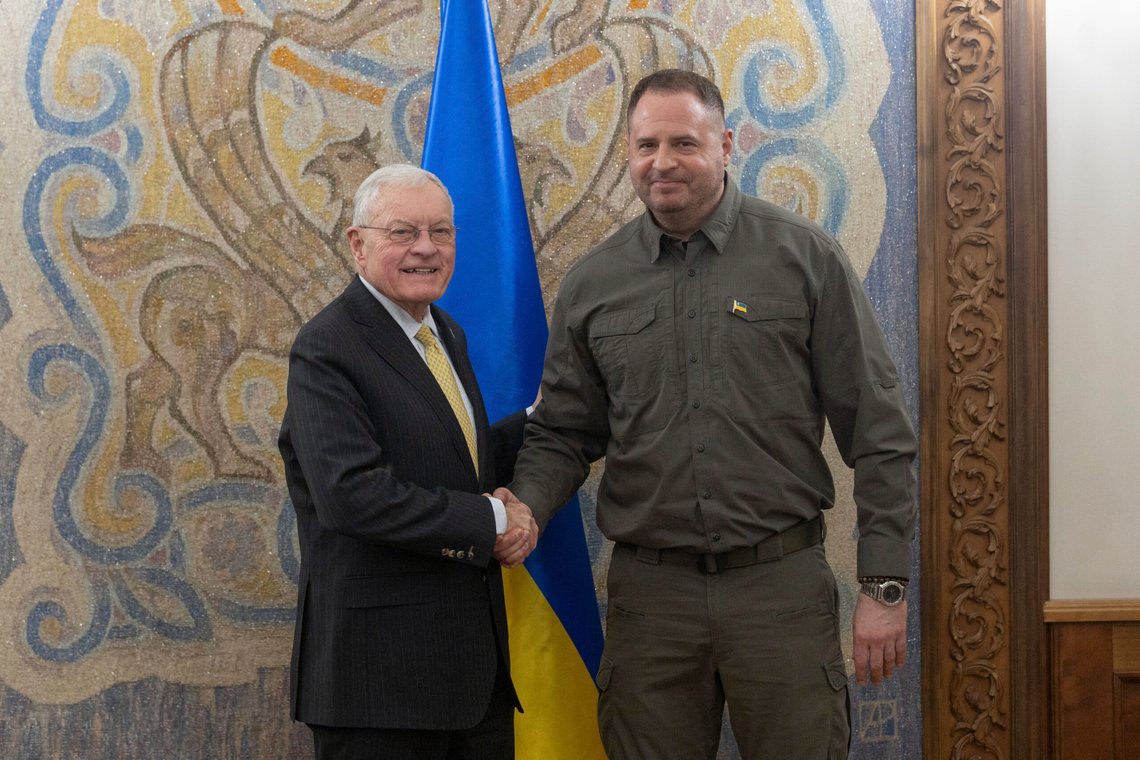 In this photo provided by the Press Service Of The President Of Ukraine on Wednesday Feb. 19, 2025, USA Envoy to Ukraine Keith Kellogg and Head of Ukrainian Presidential Office Andriy Yermak shake hands during a meeting in Kyiv, Ukraine. (Press Service Of The President Of Ukraine via AP) In this photo provided by the Press Service Of The President Of Ukraine on Wednesday Feb. 19, 2025, USA Envoy to Ukraine Keith Kellogg and Head of Ukrainian Presidential Office Andriy Yermak shake hands during a meeting in Kyiv, Ukraine. (Press Service Of The President Of Ukraine via AP)