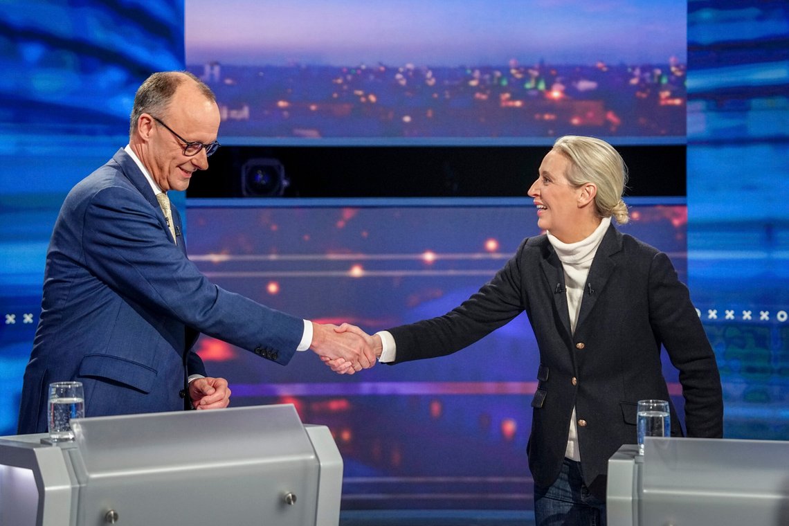 Friedrich Merz, left, of the German Christian Democratic Union and Alice Weidel, right, of the Alternative for Germany (AFD) party, shake hands as they take part in a tv discussion in Berlin, Germany, Sunday, Feb. 16, 2025 of the German top candidates for the German federal election on Feb. 23, 2025. (Kay Nietfeld/DPA via AP, Pool) Friedrich Merz, left, of the German Christian Democratic Union and Alice Weidel, right, of the Alternative for Germany (AFD) party, shake hands as they take part in a tv discussion in Berlin, Germany, Sunday, Feb. 16, 2025 of the German top candidates for the German federal election on Feb. 23, 2025. (Kay Nietfeld/DPA via AP, Pool)