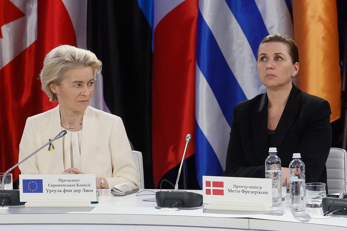 European Commission President Ursula von der Leyen, left, and Denmark's Prime Minister Mette Frederiksen attend a press conference after the "Support Ukraine" summit, marking the third anniversary of the Russian invasion, in Kyiv, Ukraine, Feb. 24, 2025. (Gleb Garanich/Pool Photo via AP) European Commission President Ursula von der Leyen, left, and Denmark's Prime Minister Mette Frederiksen attend a press conference after the "Support Ukraine" summit, marking the third anniversary of the Russian invasion, in Kyiv, Ukraine, Feb. 24, 2025. (Gleb Garanich/Pool Photo via AP)